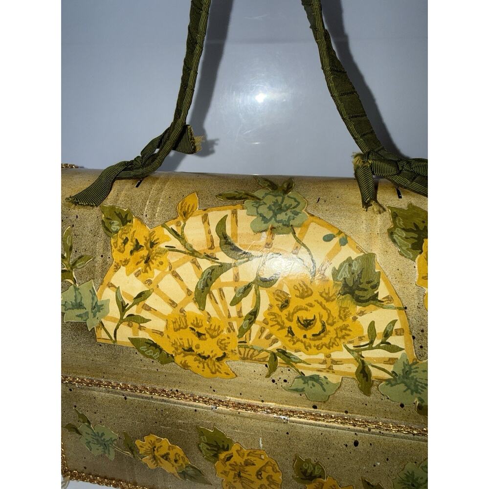 Vintage Metal Work Lunchbox Purse Dome Top Decoupage Painted Roses Yellow 10x8” - Picture 3 of 10